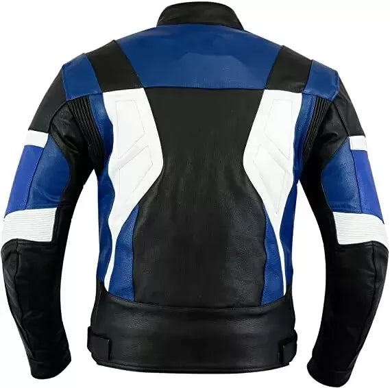 Black Blue and White Custom Motorcycle Leather Jacket.