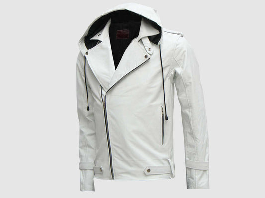 Men’s Biker Style Asymmetrical Zipper Slim Fit White Leather Jacket
