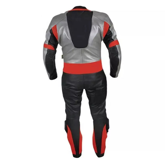 Grey and Black One Piece Custom Motorcycle Racing Suit.