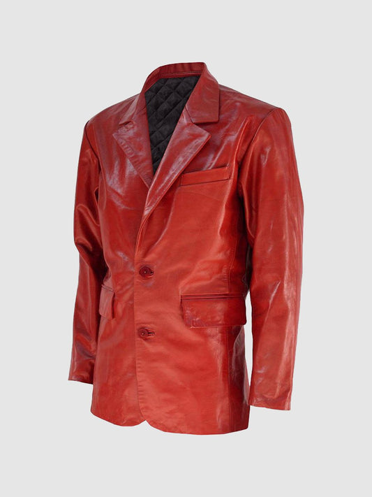 Men Red Slim Fit Coat/ Blazer Style Leather Jacket with Buttoned Closure.