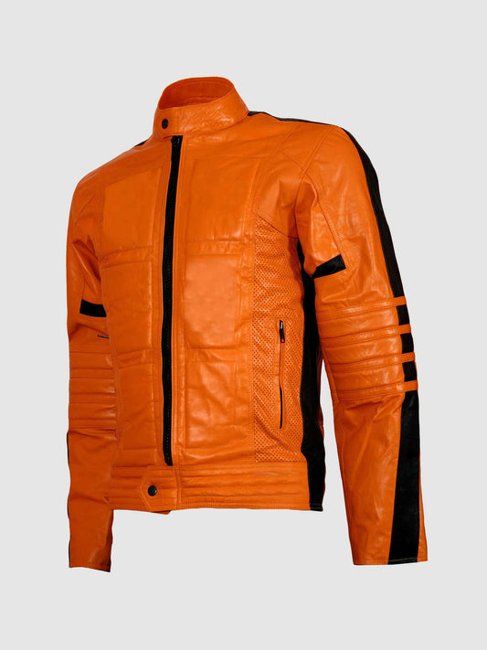 Mens Slim Fit Orange Padded Biker Leather Jacket