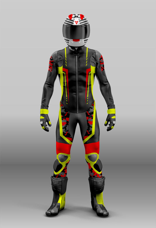 One Piece Black, Red & Yellow Fluorescent Leather Suit – Bold & Stylish Performance Wear