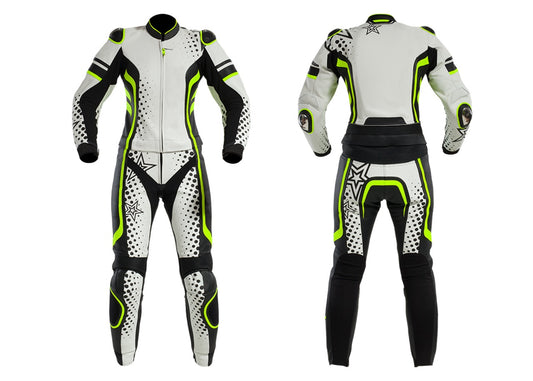 White and Yellow Fluorescent Two Piece Motorcycle Racing Suit