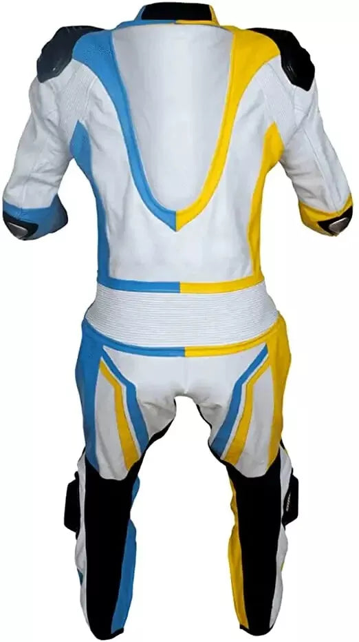 White Yellow and Blue Custom Motorcycle Racing Suit.
