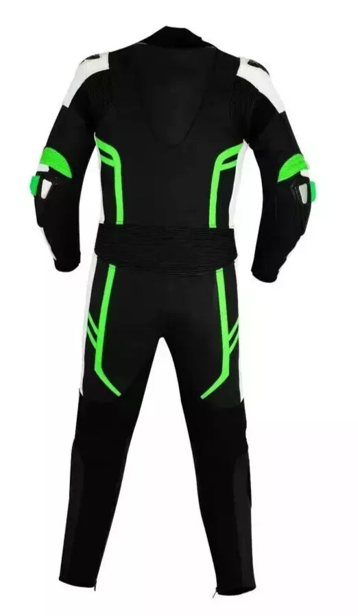 Green White and Black One Piece Custom Motorcycle Racing Suit.