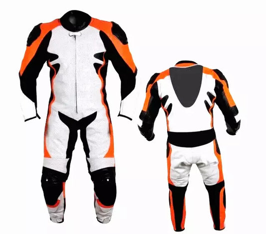 White Orange and Black One Piece Custom Motorcycle Racing Suit.