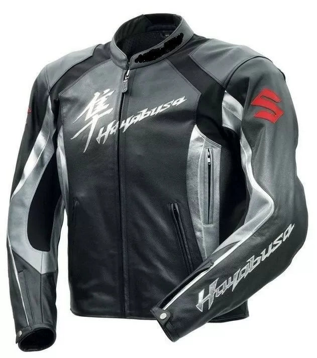 Grey Suzuki Hayabusa Motorcycle Leather Racing Jacket