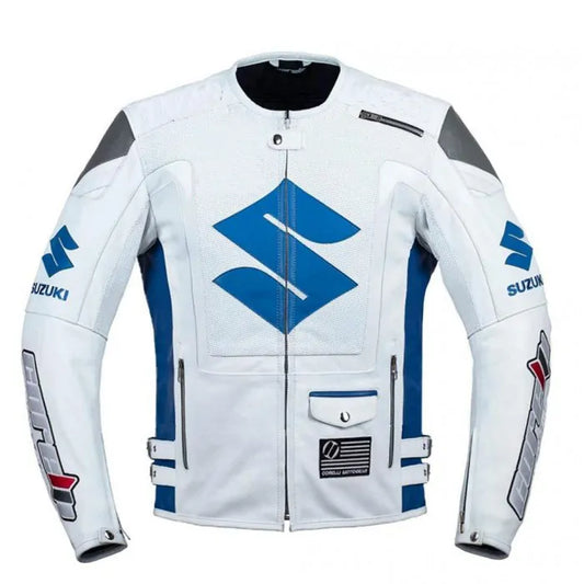Men’s White Suzuki Motorbike Racing Leather Jacket