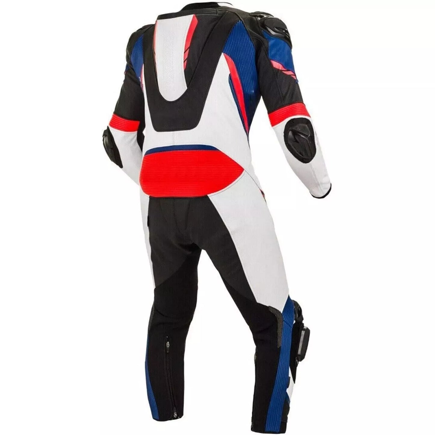 Black White Red and Blue One Piece Custom Motorcycle Racing Suit.