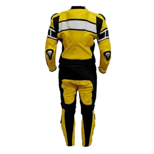 Yellow Black and White One Piece Custom Motorcycle Racing Suit.
