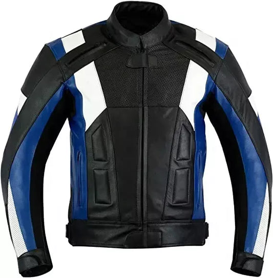 Black Blue and White Custom Motorcycle Leather Jacket.