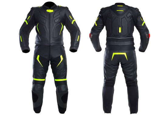"Black & Fluorescent Green Motorcycle Racing Suit - High-Performance Gear"