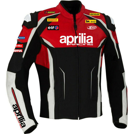 Black Red Aprilia Motorcycle Racing Leather Jacket front