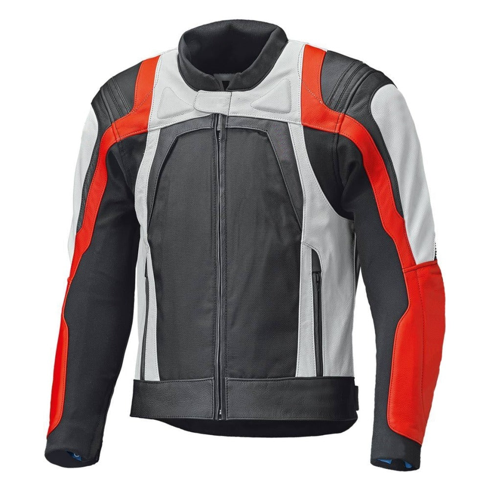 Black Red and White Custom Motorcycle Leather Jacket.