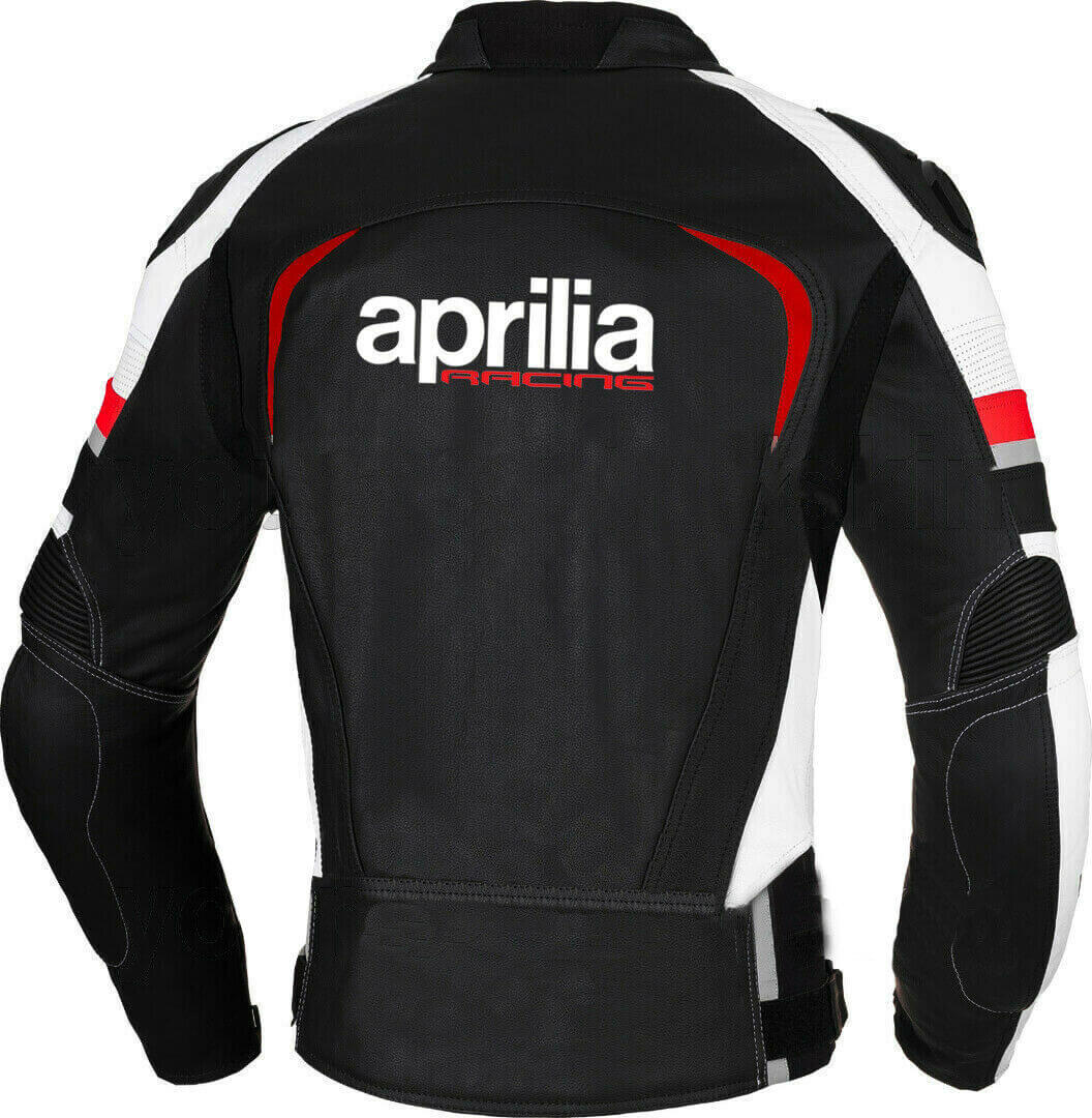 Black White Aprilia Motorcycle Racing Leather Jacket back