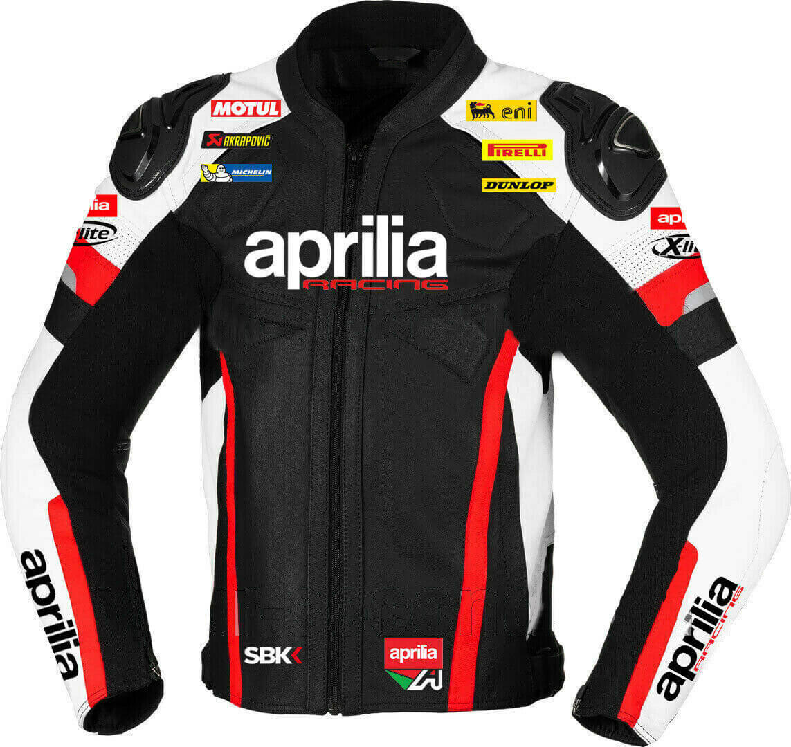 Black White Aprilia Motorcycle Racing Leather Jacket front