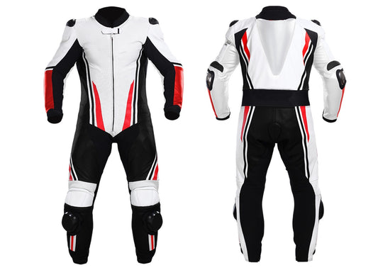 Black & White Racing Leather Suit – High-Performance Gear for Speed Enthusiasts front back