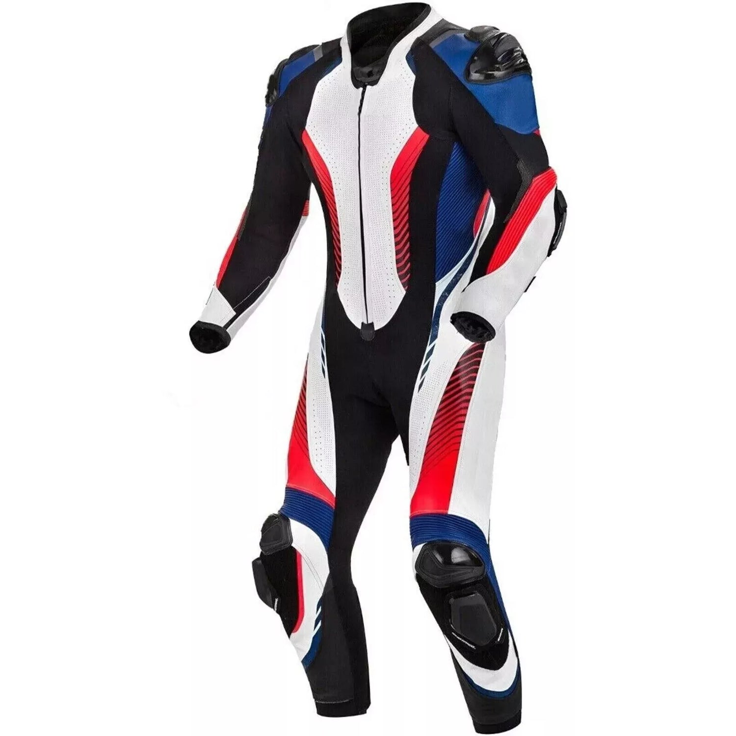 Black White Red and Blue One Piece Custom Motorcycle Racing Suit.