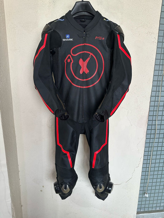 Black and Red One Piece Custom Motorcycle Racing Suit.