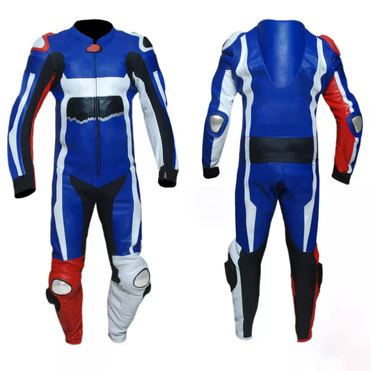 Blue Red and White Custom Motorcycle Racing Suit.