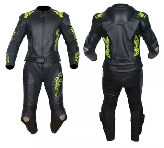 Dark Black and Green Custom Motorcycle Racing Suit.