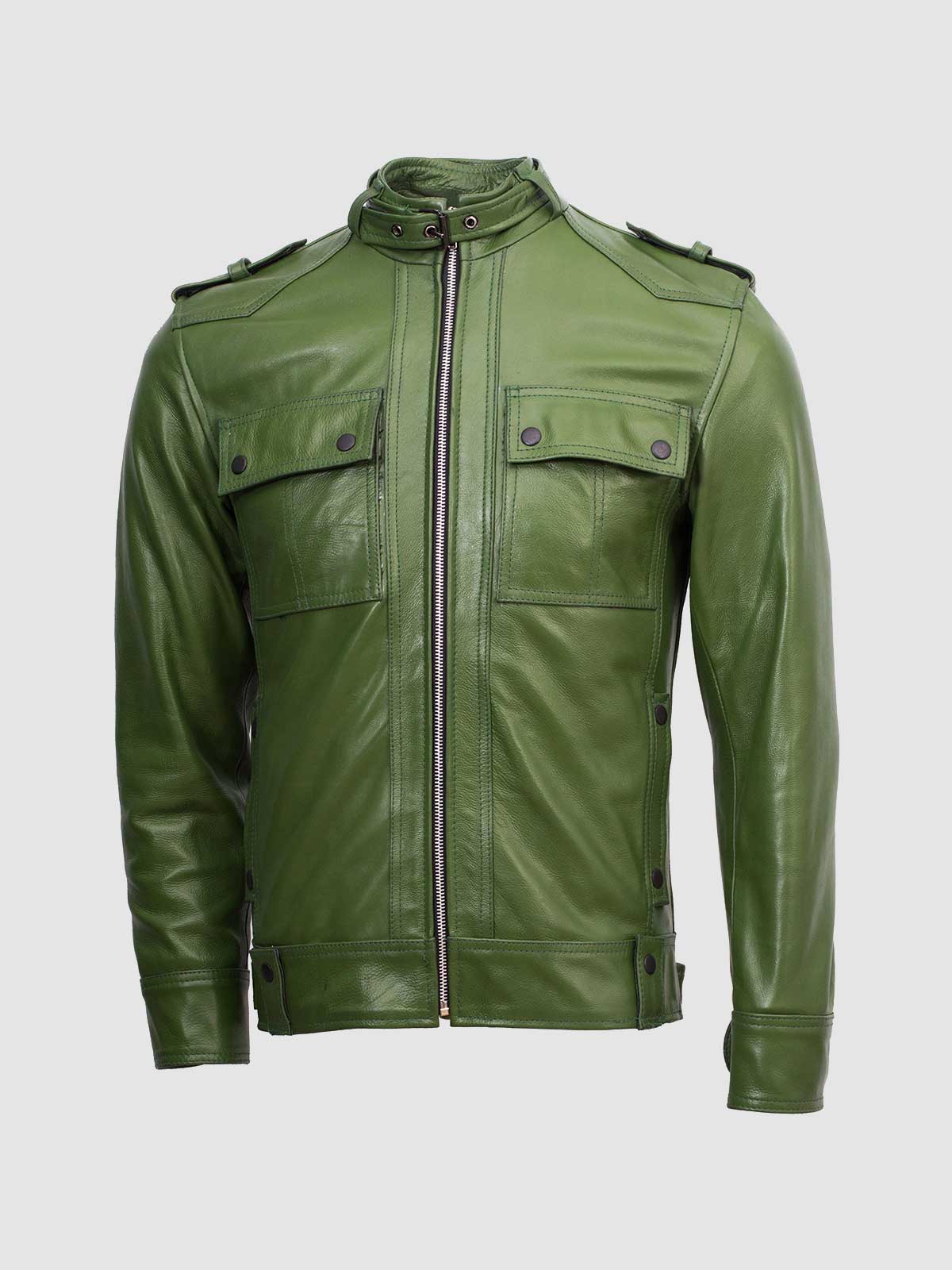 Darren Distressed Green Leather Biker Jacket.