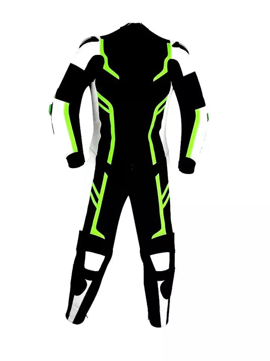 Green White and Black One Piece Custom Motorcycle Racing Suit.