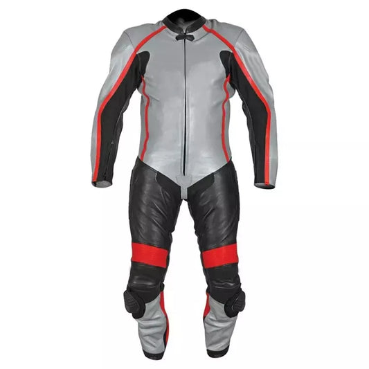 Grey and Black One Piece Custom Motorcycle Racing Suit.