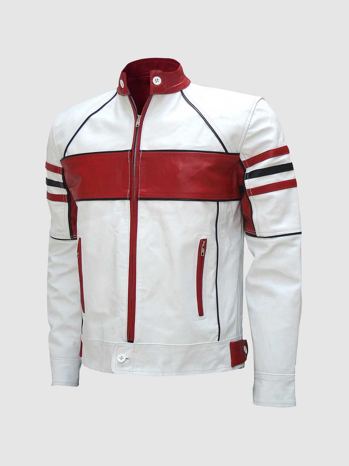 Nero Men’s White & Red Biker Leather Jacket.