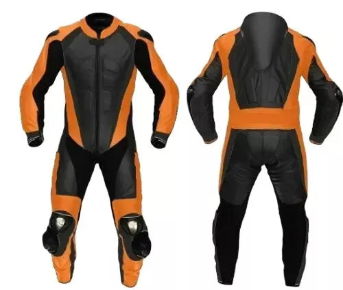 Orange and Black One Piece Custom Motorcycle Racing Suit.