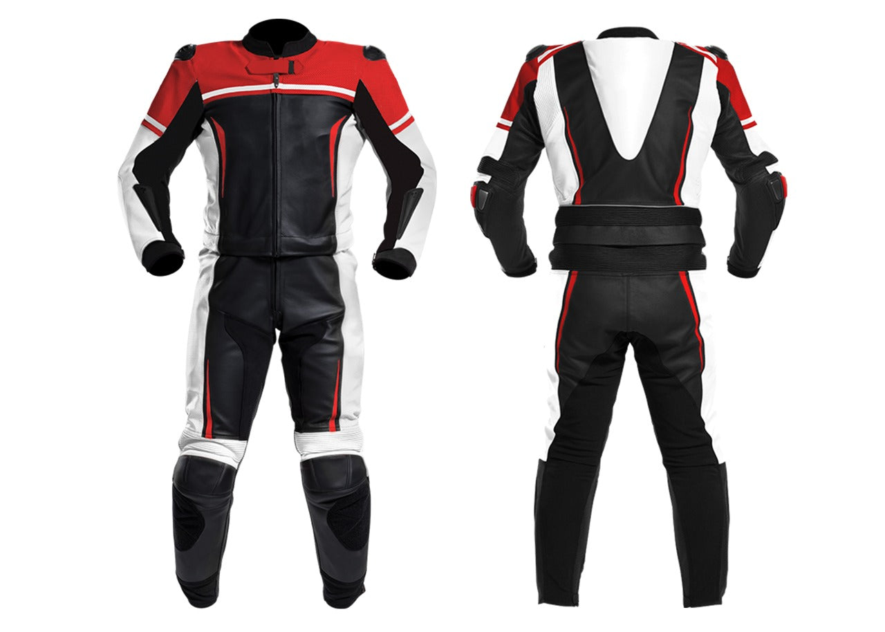 Red Black and White Two Piece Motorcycle Racing Suit