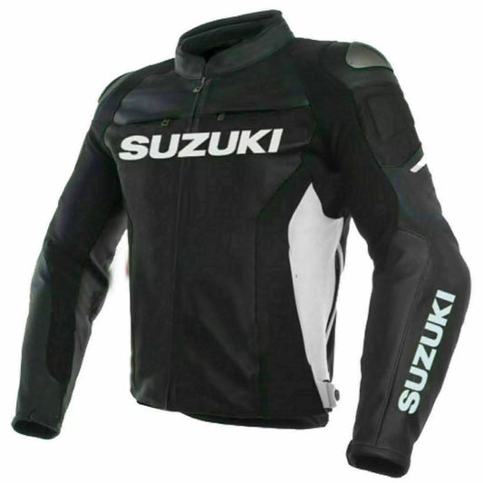 Suzuki GSXR Black Motorcycle Leather Jacket front 1