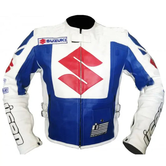 Suzuki Motorcycle blue and white Leather Jacket 1
