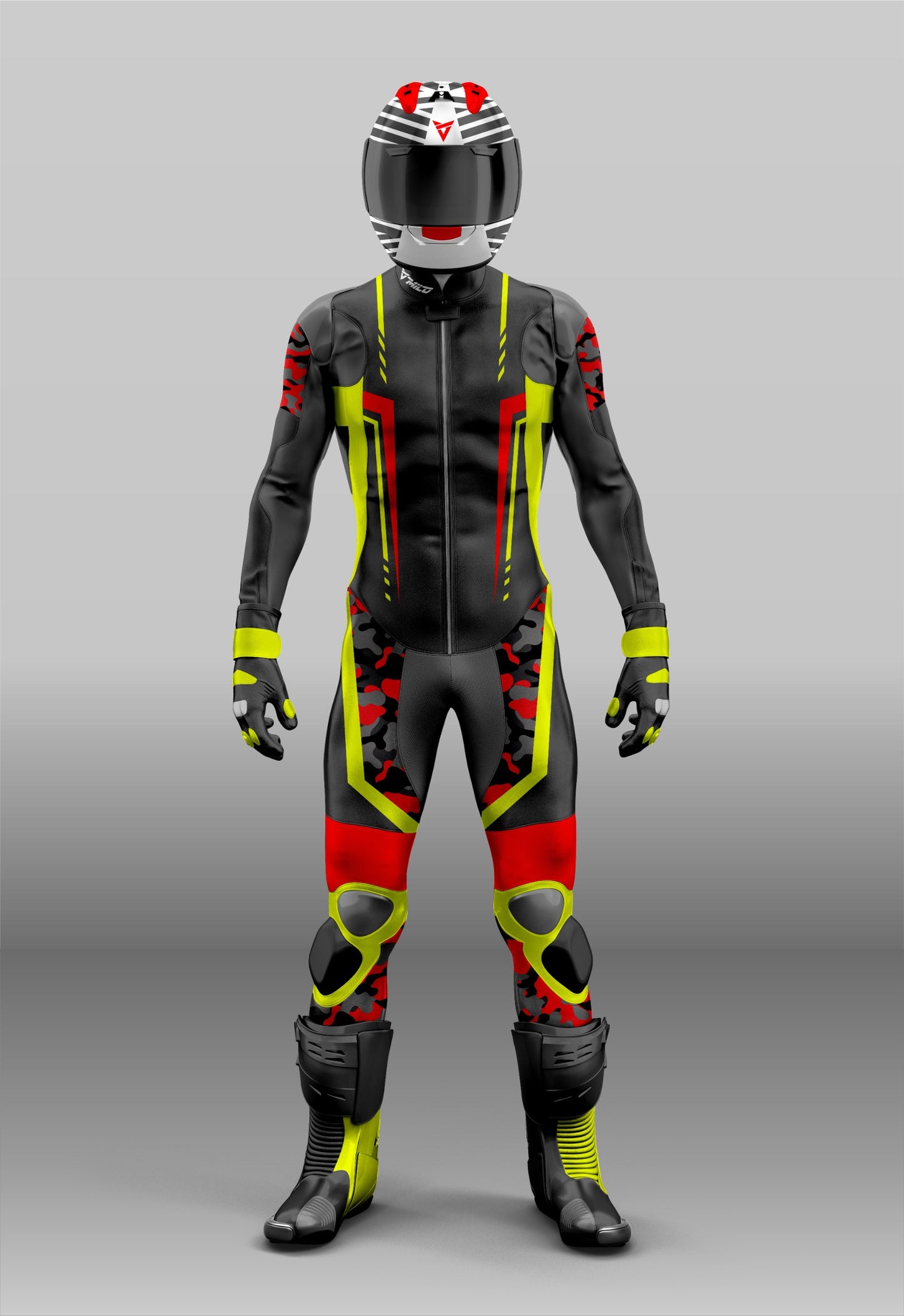 One Piece Black, Red & Yellow Fluorescent Leather Suit – Bold & Stylish Performance Wear
