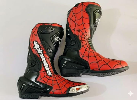 Spider man motorcycle racing leather boots shoes Red Black