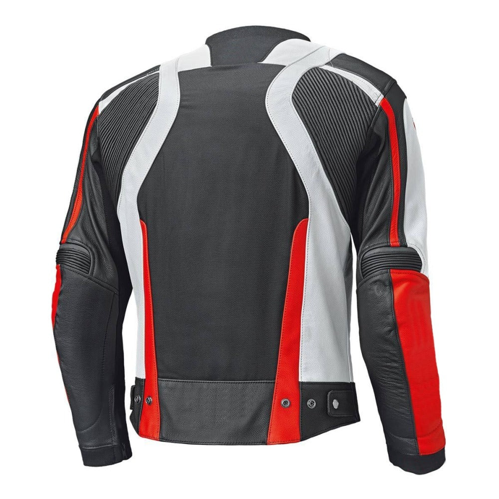 Black Red and White Custom Motorcycle Leather Jacket.