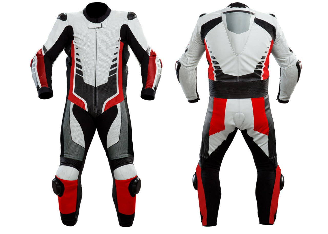 "White, Red & Black Motorcycle Suit - Stylish & Protective Gear"