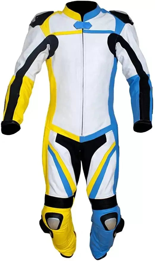 White Yellow and Blue Custom Motorcycle Racing Suit.