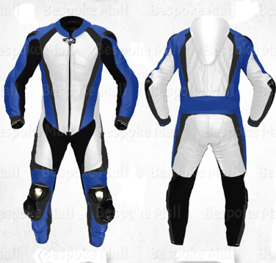 White and Blue One Piece Motorcycle Racing Suit
