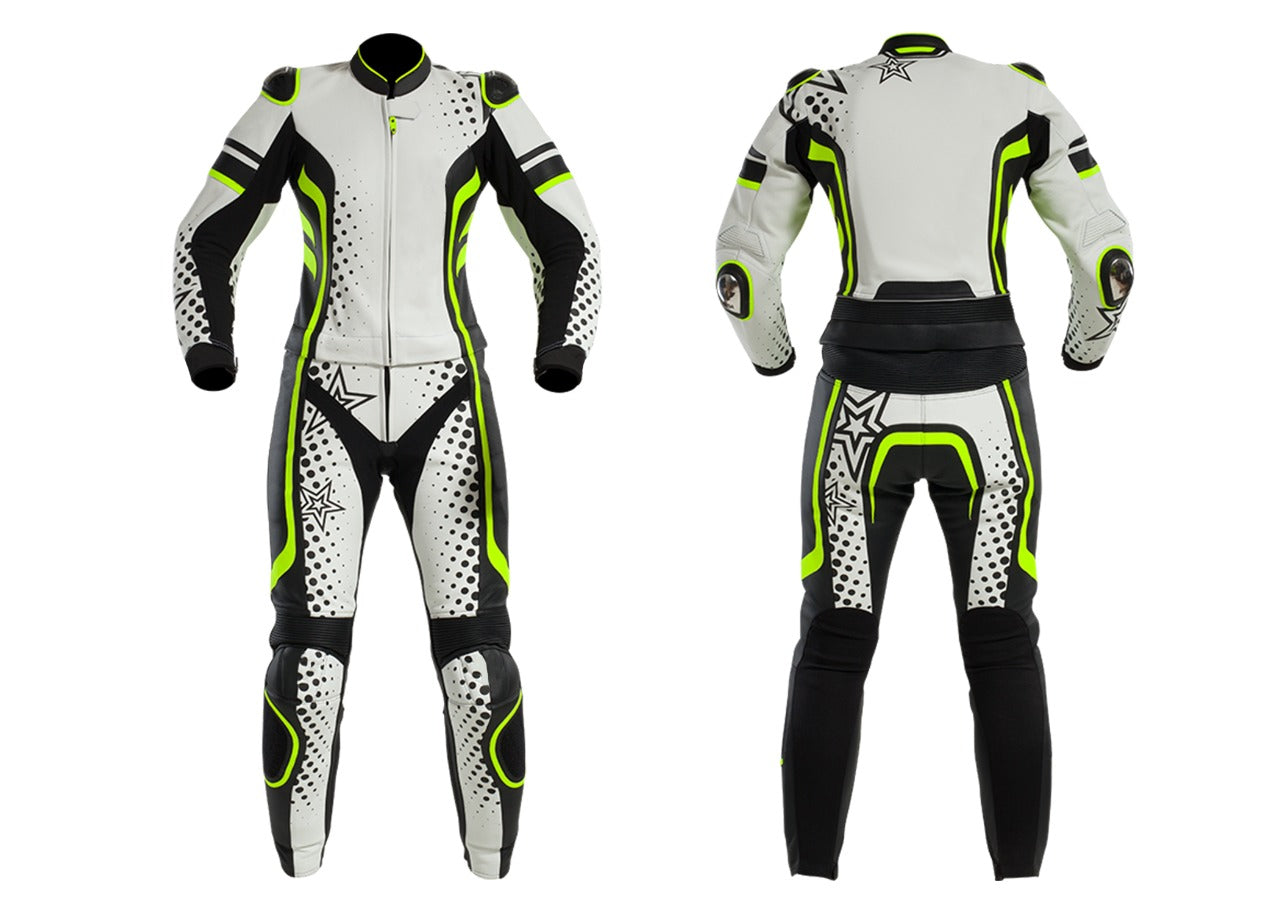 White and Yellow Fluorescent Two Piece Motorcycle Racing Suit
