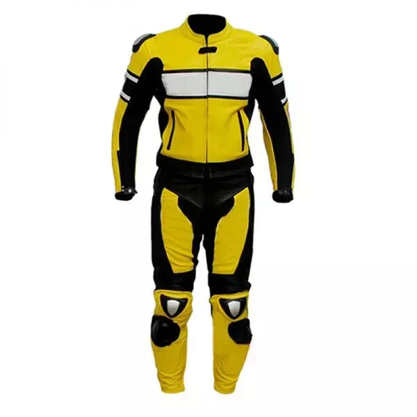 Yellow Black and White One Piece Custom Motorcycle Racing Suit.