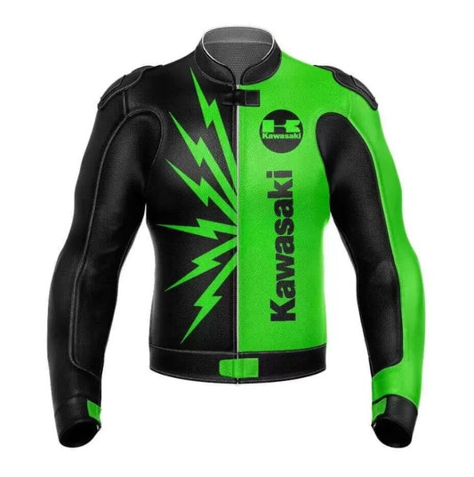 Balck and Green Leather Motorcycle Jacket